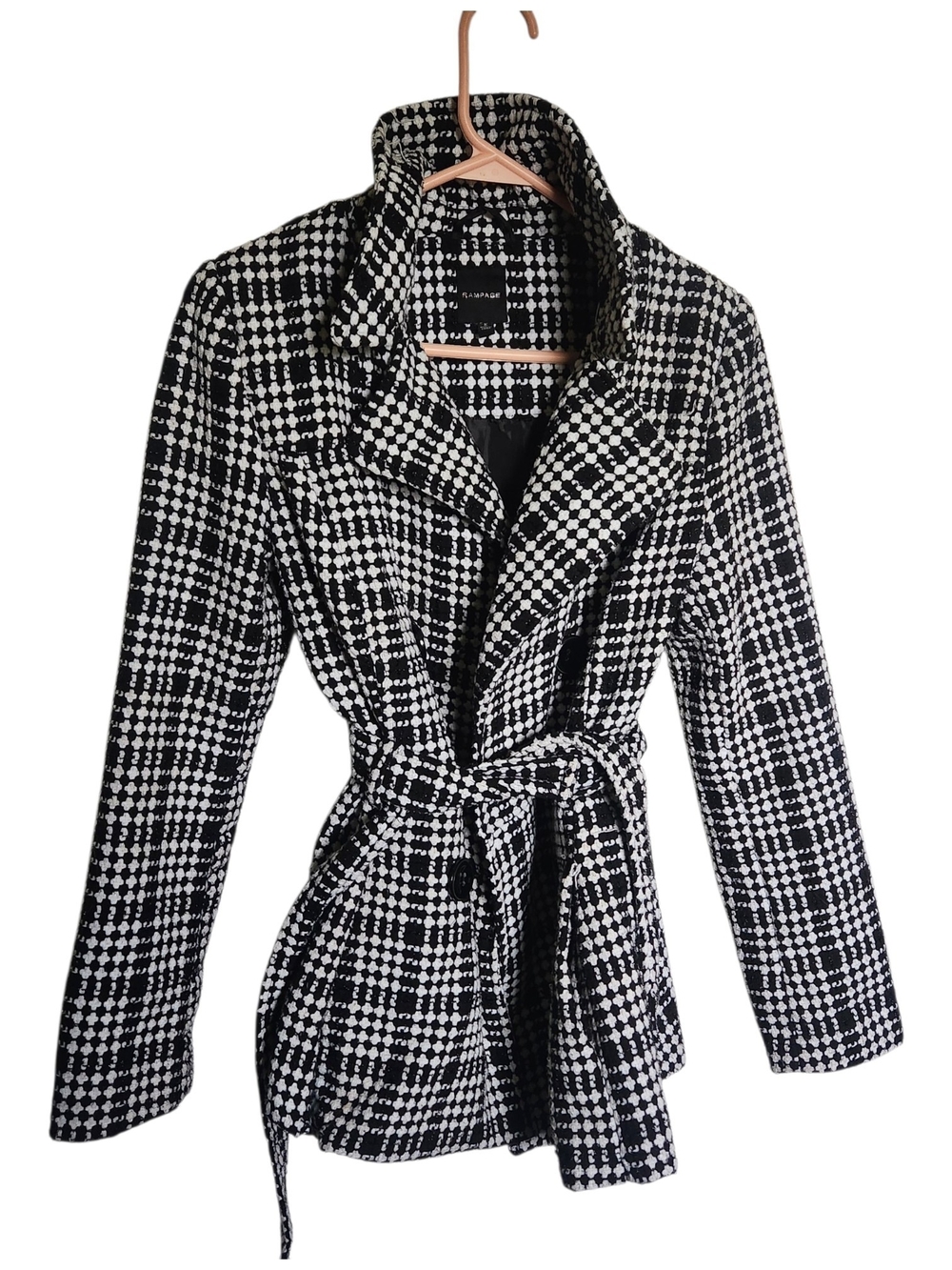 Black & White Houndstooth  Plaid Tie-Waist Coat Rampage  Women's Coat Size Small
